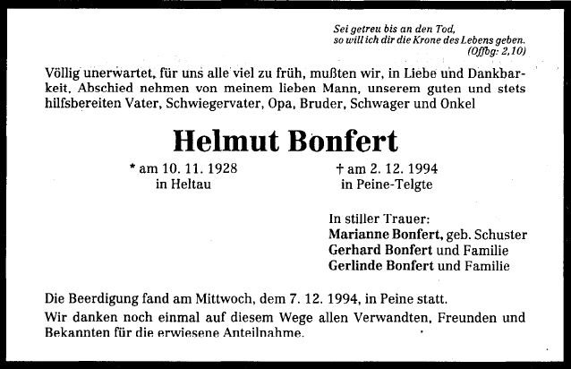 Bonfert Helmut 1928-1994 Todesanzeige